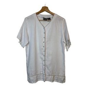 Crossing Pointe White 100% Linen Knot Button Front Blouse Medium Short Sleeve